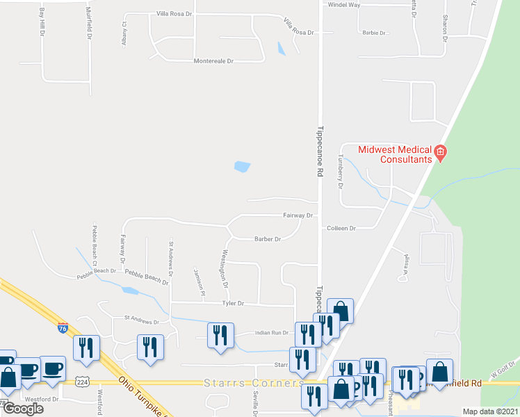map of restaurants, bars, coffee shops, grocery stores, and more near 3736 Fairway Drive in Canfield