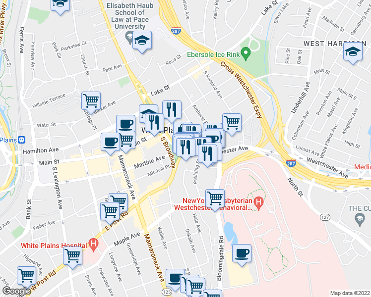map of restaurants, bars, coffee shops, grocery stores, and more near 36 Westchester Avenue in White Plains