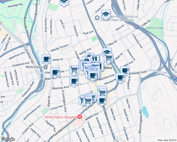 map of restaurants, bars, coffee shops, grocery stores, and more near 209 Main Street in White Plains