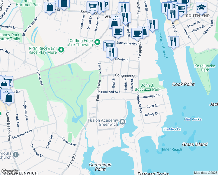 map of restaurants, bars, coffee shops, grocery stores, and more near 24 Burwood Avenue in Stamford