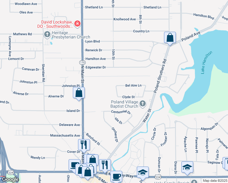 map of restaurants, bars, coffee shops, grocery stores, and more near 2223 Clyde Street in Youngstown