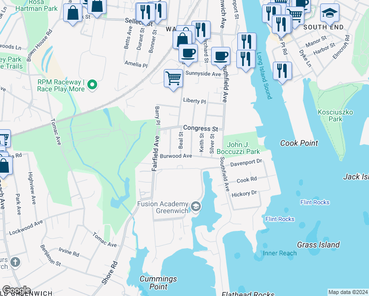 map of restaurants, bars, coffee shops, grocery stores, and more near 4 Noble Street in Stamford