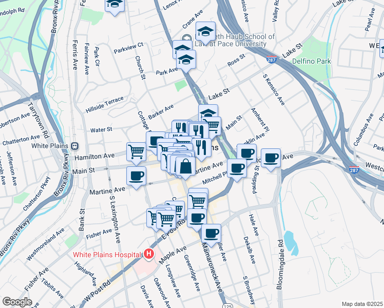map of restaurants, bars, coffee shops, grocery stores, and more near 8 City Place in White Plains