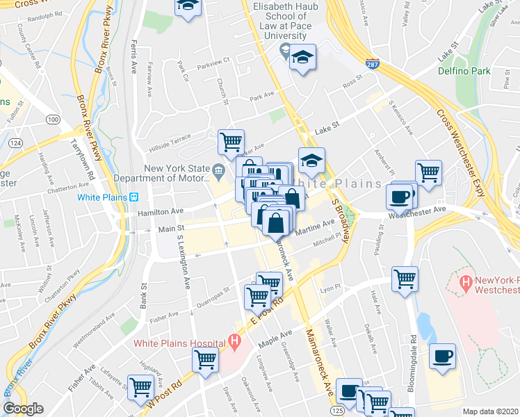 map of restaurants, bars, coffee shops, grocery stores, and more near 209 Main Street in White Plains
