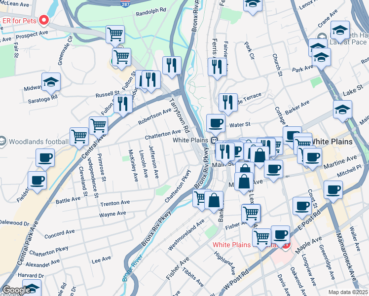 map of restaurants, bars, coffee shops, grocery stores, and more near 7 School Street in White Plains