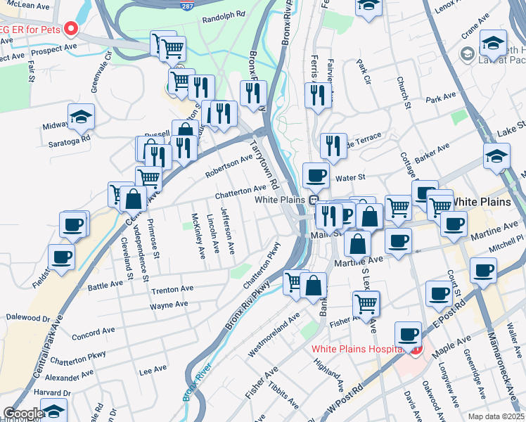 map of restaurants, bars, coffee shops, grocery stores, and more near 21 Washington Avenue in White Plains