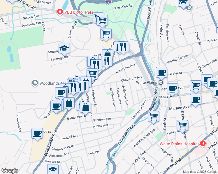 map of restaurants, bars, coffee shops, grocery stores, and more near 15 4th Street in White Plains