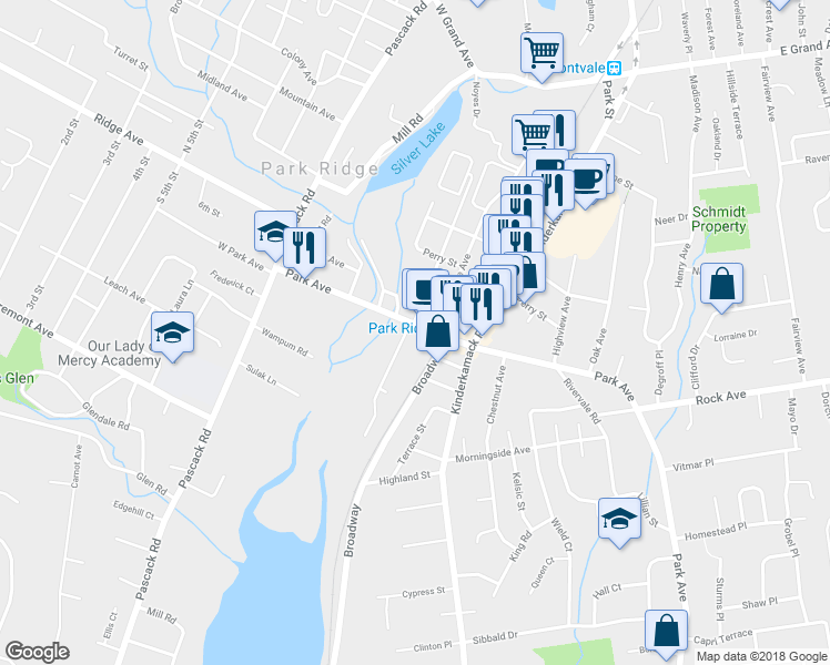 map of restaurants, bars, coffee shops, grocery stores, and more near 1A South Maple Avenue in Park Ridge