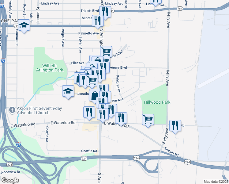 map of restaurants, bars, coffee shops, grocery stores, and more near 1001-1069 Nadia Court in Akron