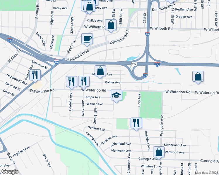 map of restaurants, bars, coffee shops, grocery stores, and more near 1259 West Waterloo Road in Akron