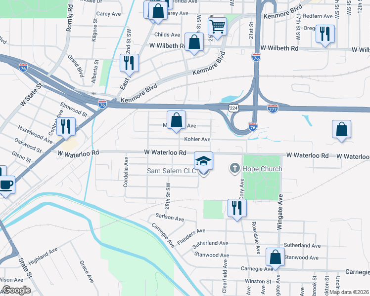 map of restaurants, bars, coffee shops, grocery stores, and more near 1259 West Waterloo Road in Akron