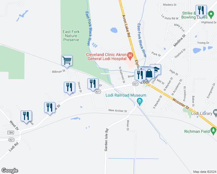 map of restaurants, bars, coffee shops, grocery stores, and more near 326 Bank Street in Lodi