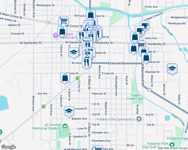 map of restaurants, bars, coffee shops, grocery stores, and more near 814 Beech Avenue in Findlay