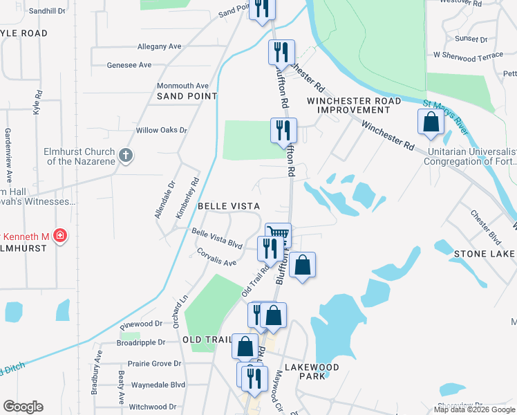 map of restaurants, bars, coffee shops, grocery stores, and more near 2515 Cle Elum Dr in Fort Wayne