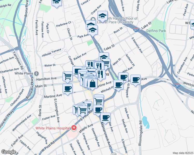 map of restaurants, bars, coffee shops, grocery stores, and more near 1 City Place in White Plains