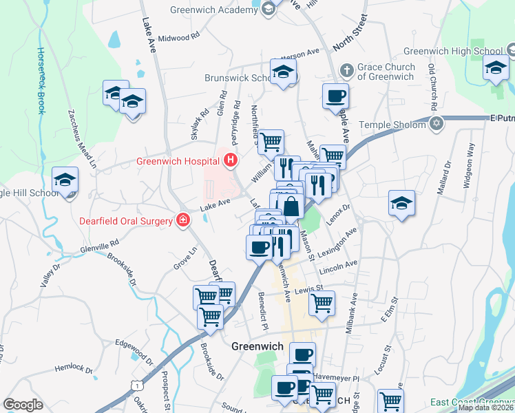 map of restaurants, bars, coffee shops, grocery stores, and more near 74 Lafayette Place in Greenwich
