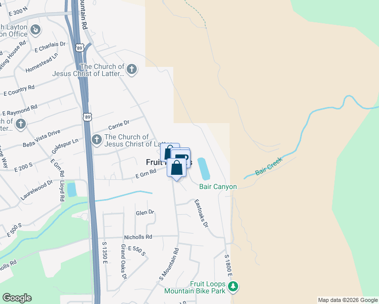 map of restaurants, bars, coffee shops, grocery stores, and more near 142 South Grandison Court in Fruit Heights