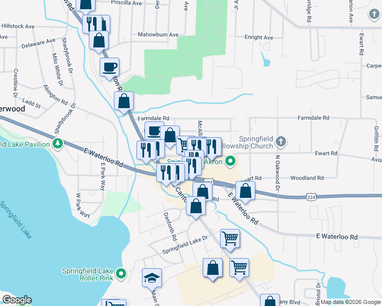 map of restaurants, bars, coffee shops, grocery stores, and more near 2797 Old Home Road in Akron