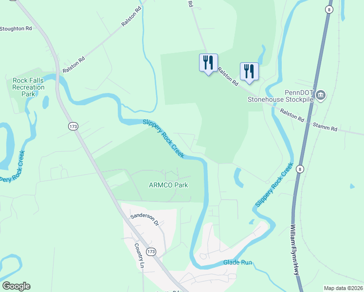 map of restaurants, bars, coffee shops, grocery stores, and more near 343 Creek Drive in Slippery Rock