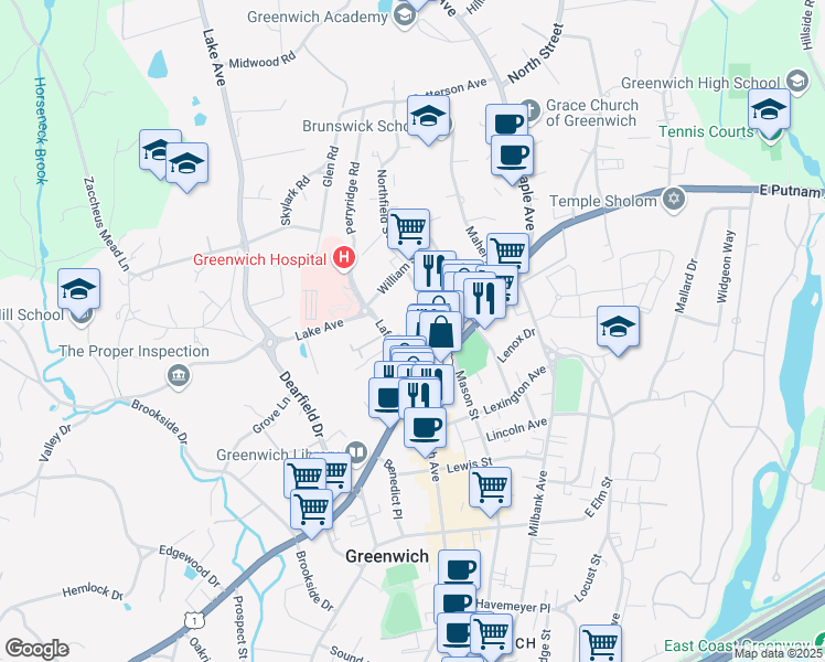 map of restaurants, bars, coffee shops, grocery stores, and more near 37 Lafayette Place in Greenwich