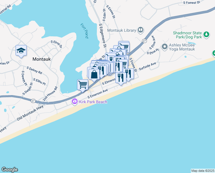map of restaurants, bars, coffee shops, grocery stores, and more near 107 South Emerson Avenue in Montauk