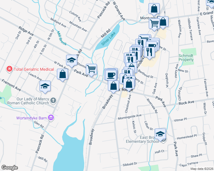 map of restaurants, bars, coffee shops, grocery stores, and more near 1A South Maple Avenue in Park Ridge