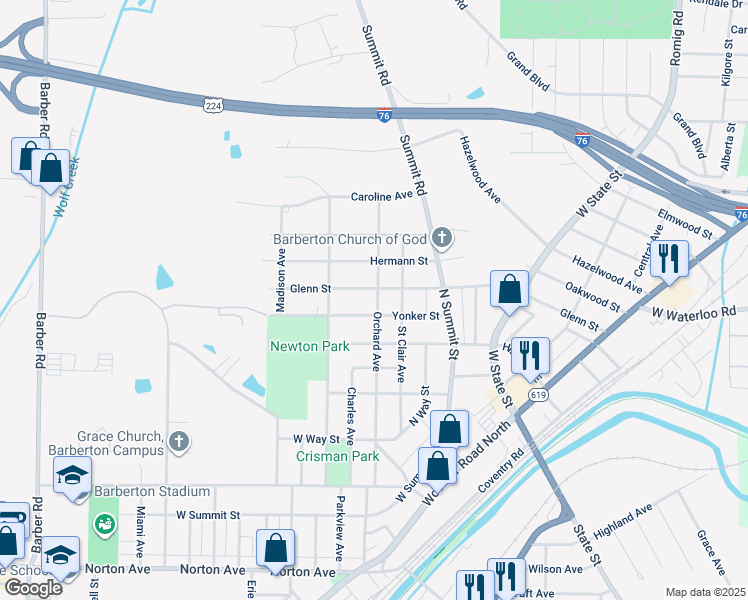 map of restaurants, bars, coffee shops, grocery stores, and more near 125 Yonker Street in Barberton