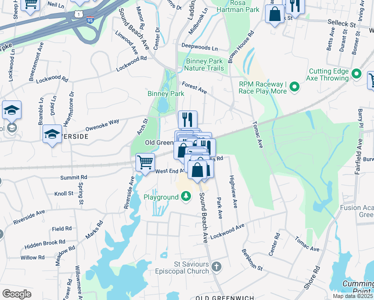 map of restaurants, bars, coffee shops, grocery stores, and more near 160 Sound Beach Avenue in Greenwich
