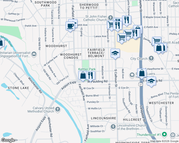 map of restaurants, bars, coffee shops, grocery stores, and more near 5601 Hoagland Avenue in Fort Wayne