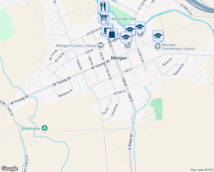 map of restaurants, bars, coffee shops, grocery stores, and more near 123 West 150 South in Morgan