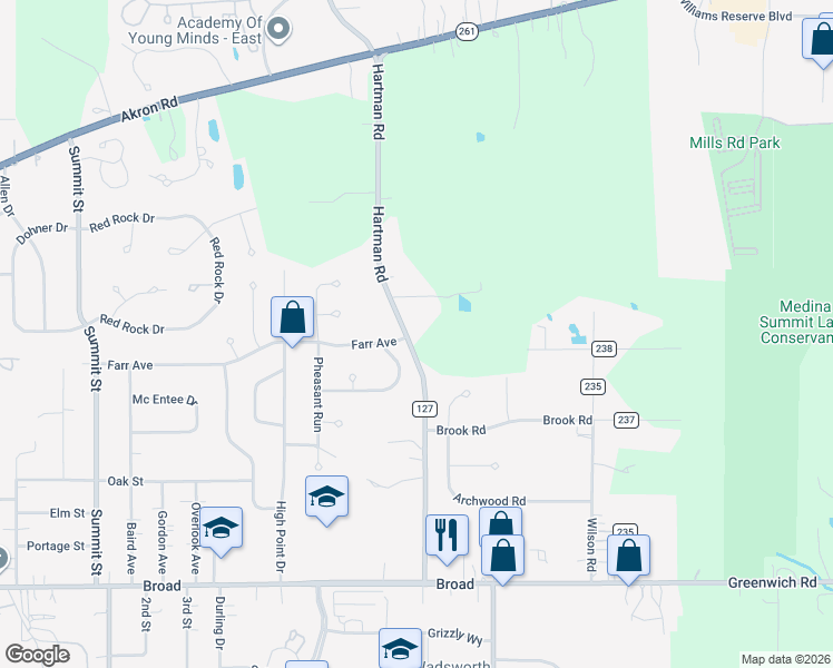 map of restaurants, bars, coffee shops, grocery stores, and more near 8873 Hartman Road in Wadsworth