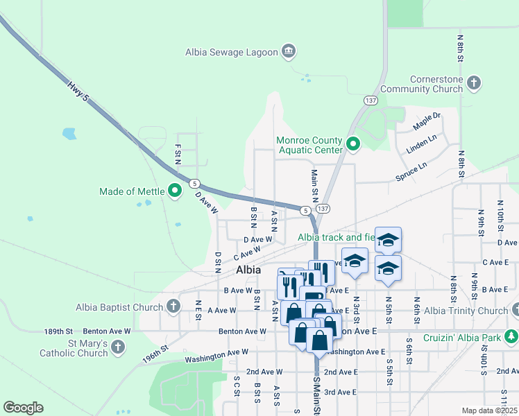 map of restaurants, bars, coffee shops, grocery stores, and more near 501-599 B Street North in Albia
