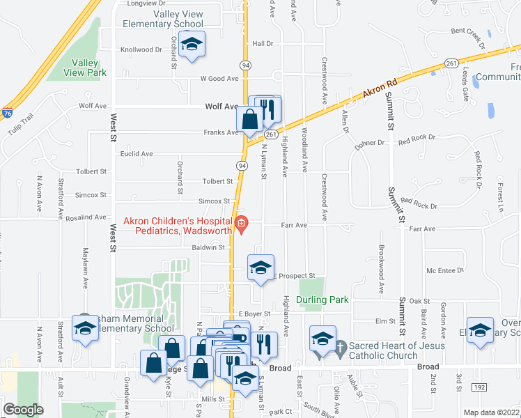 map of restaurants, bars, coffee shops, grocery stores, and more near 366 North Lyman Street in Wadsworth