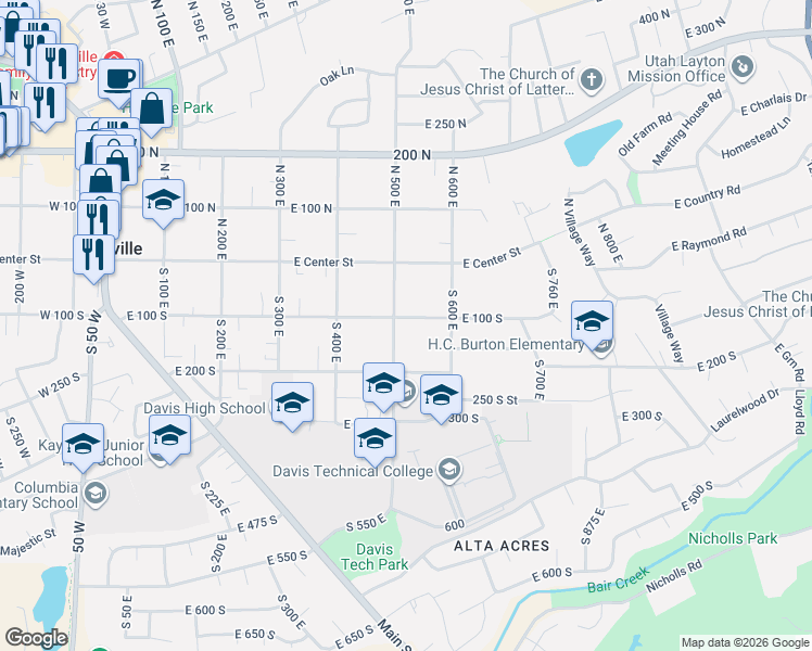 map of restaurants, bars, coffee shops, grocery stores, and more near 133 South 500 East in Kaysville