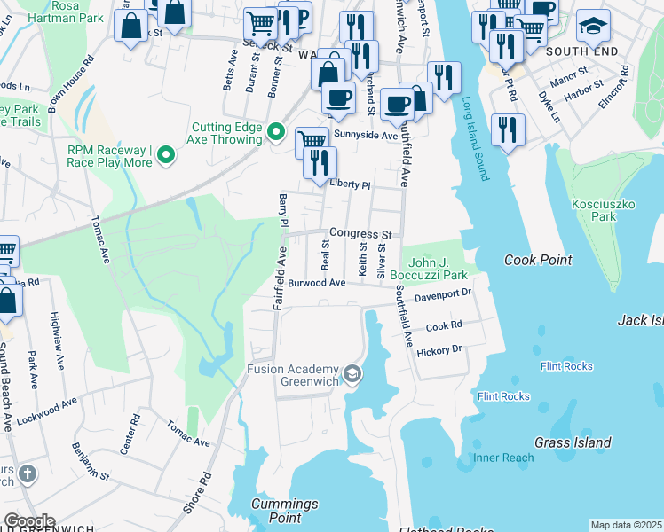 map of restaurants, bars, coffee shops, grocery stores, and more near 4 Noble Street in Stamford