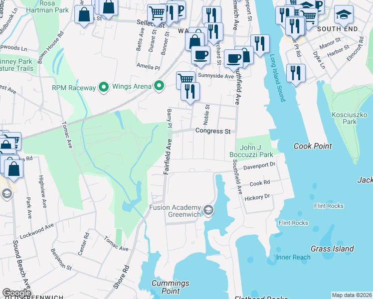 map of restaurants, bars, coffee shops, grocery stores, and more near 24 Burwood Avenue in Stamford