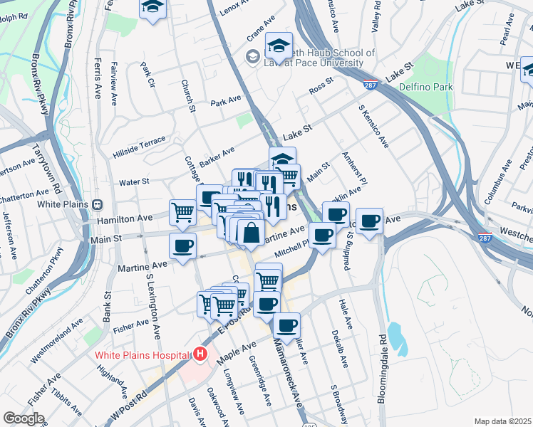 map of restaurants, bars, coffee shops, grocery stores, and more near 8 City Place in White Plains