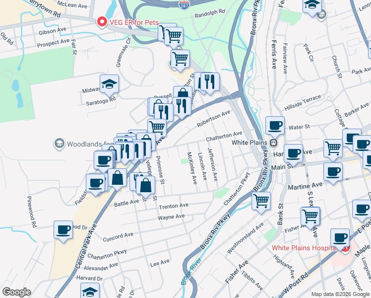 map of restaurants, bars, coffee shops, grocery stores, and more near 15 4th Street in White Plains