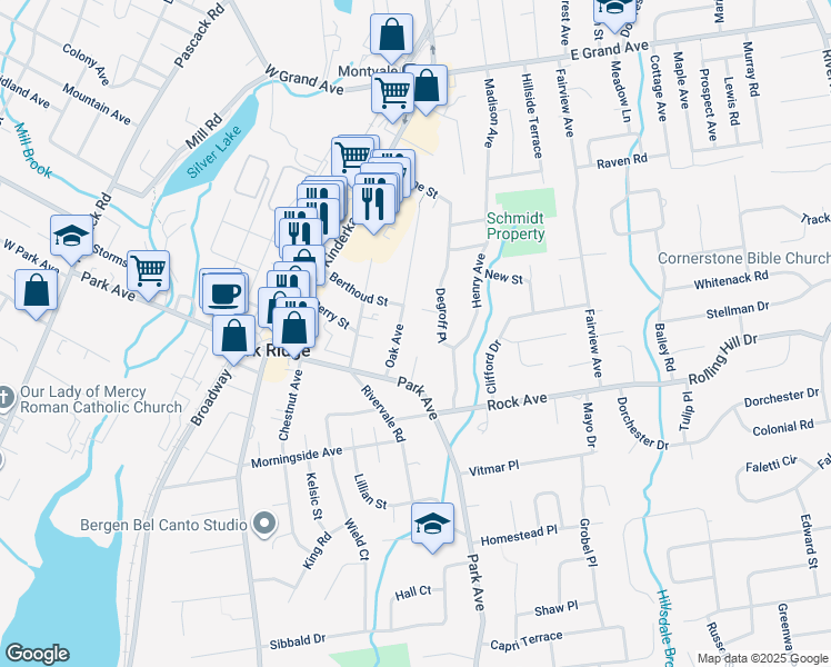 map of restaurants, bars, coffee shops, grocery stores, and more near 52 Oak Avenue in Park Ridge