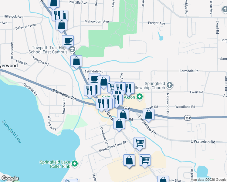 map of restaurants, bars, coffee shops, grocery stores, and more near 2797 Old Home Road in Akron