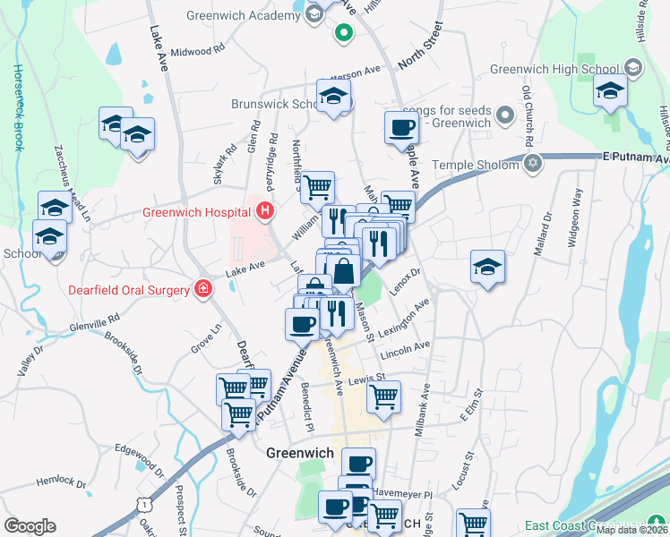 map of restaurants, bars, coffee shops, grocery stores, and more near 2 Church Street in Greenwich