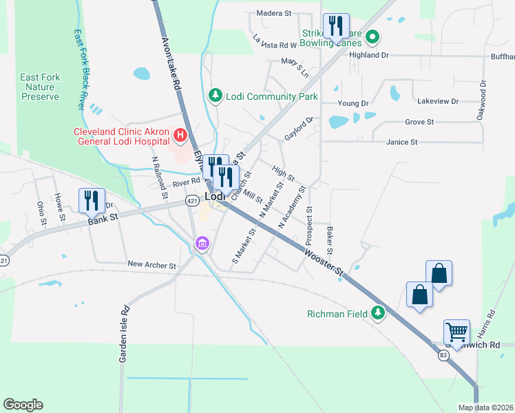 map of restaurants, bars, coffee shops, grocery stores, and more near 227 Wooster Street in Lodi