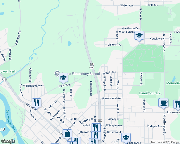 map of restaurants, bars, coffee shops, grocery stores, and more near 501 West Park Avenue in Ottumwa