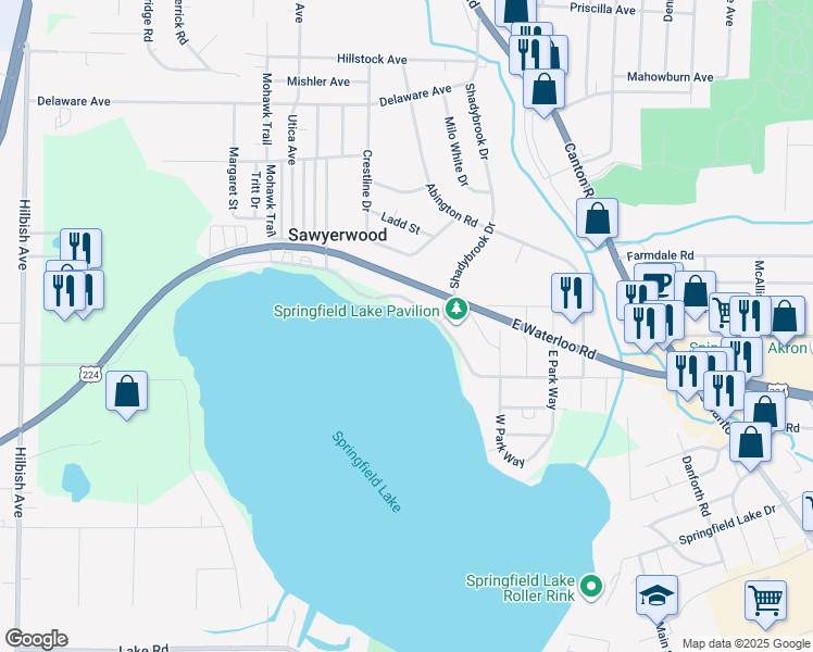 map of restaurants, bars, coffee shops, grocery stores, and more near in Akron