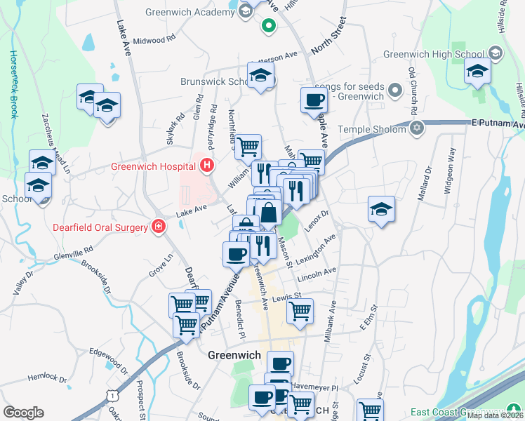 map of restaurants, bars, coffee shops, grocery stores, and more near 20 Church Street in Greenwich