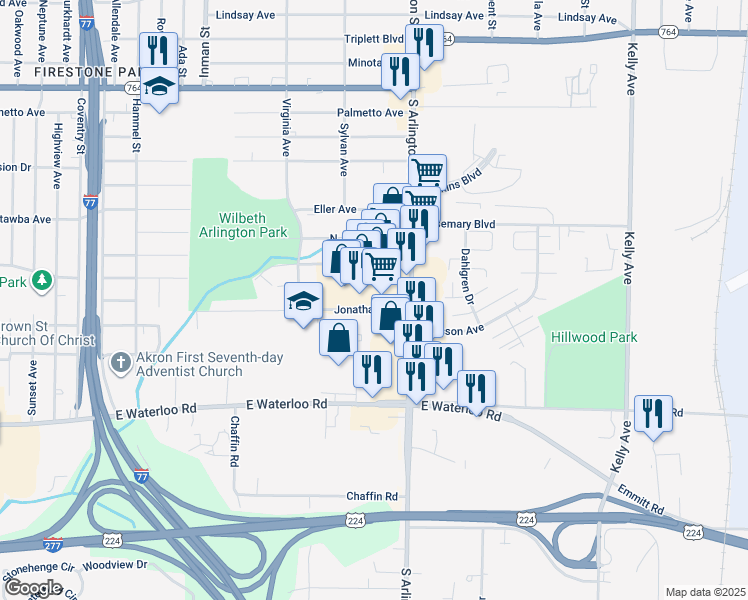 map of restaurants, bars, coffee shops, grocery stores, and more near 932 Jonathan Avenue in Akron