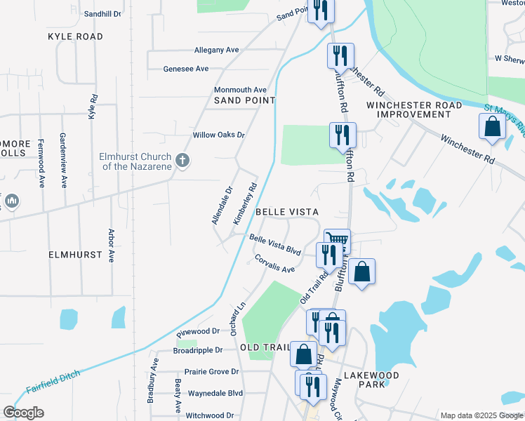 map of restaurants, bars, coffee shops, grocery stores, and more near 5714 Gates Drive in Fort Wayne