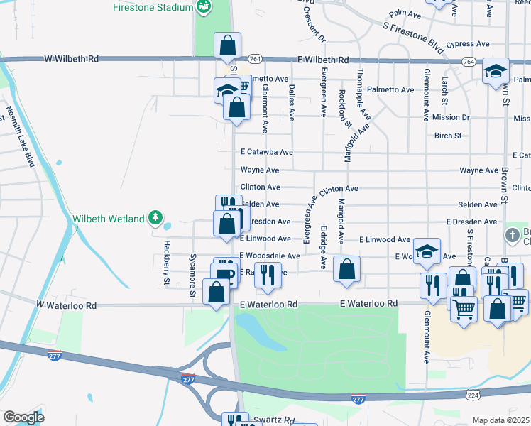 map of restaurants, bars, coffee shops, grocery stores, and more near 1998 Clairmont Avenue in Akron