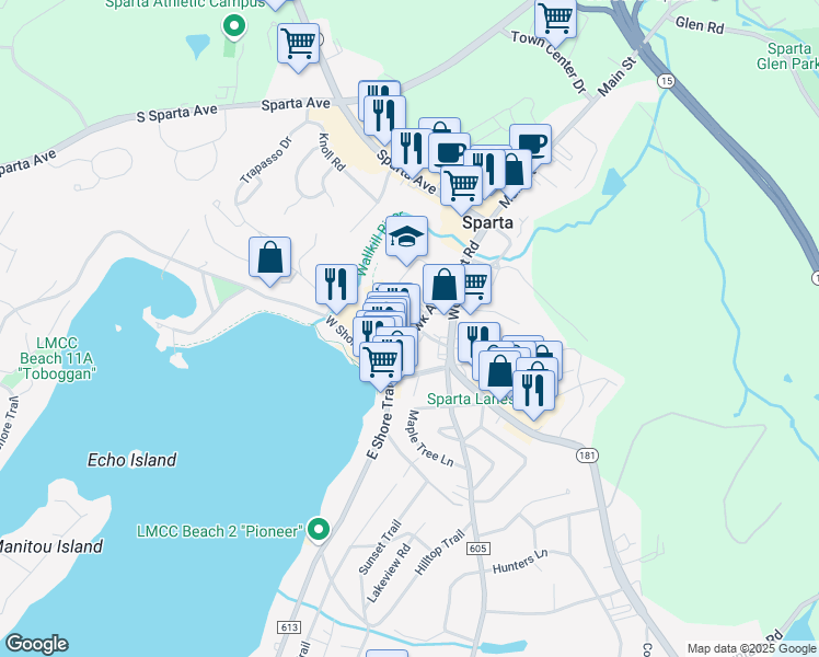map of restaurants, bars, coffee shops, grocery stores, and more near 28 Mohawk Avenue in Sparta Township