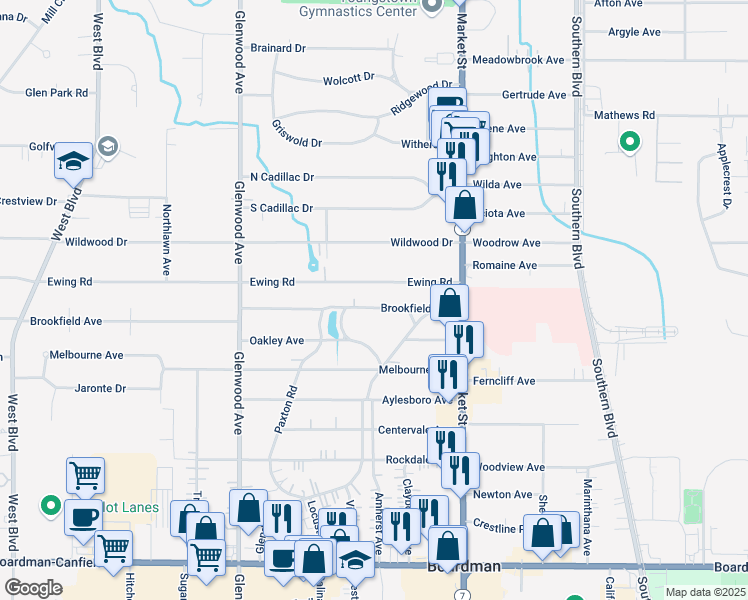 map of restaurants, bars, coffee shops, grocery stores, and more near 151 Brookfield Avenue in Youngstown